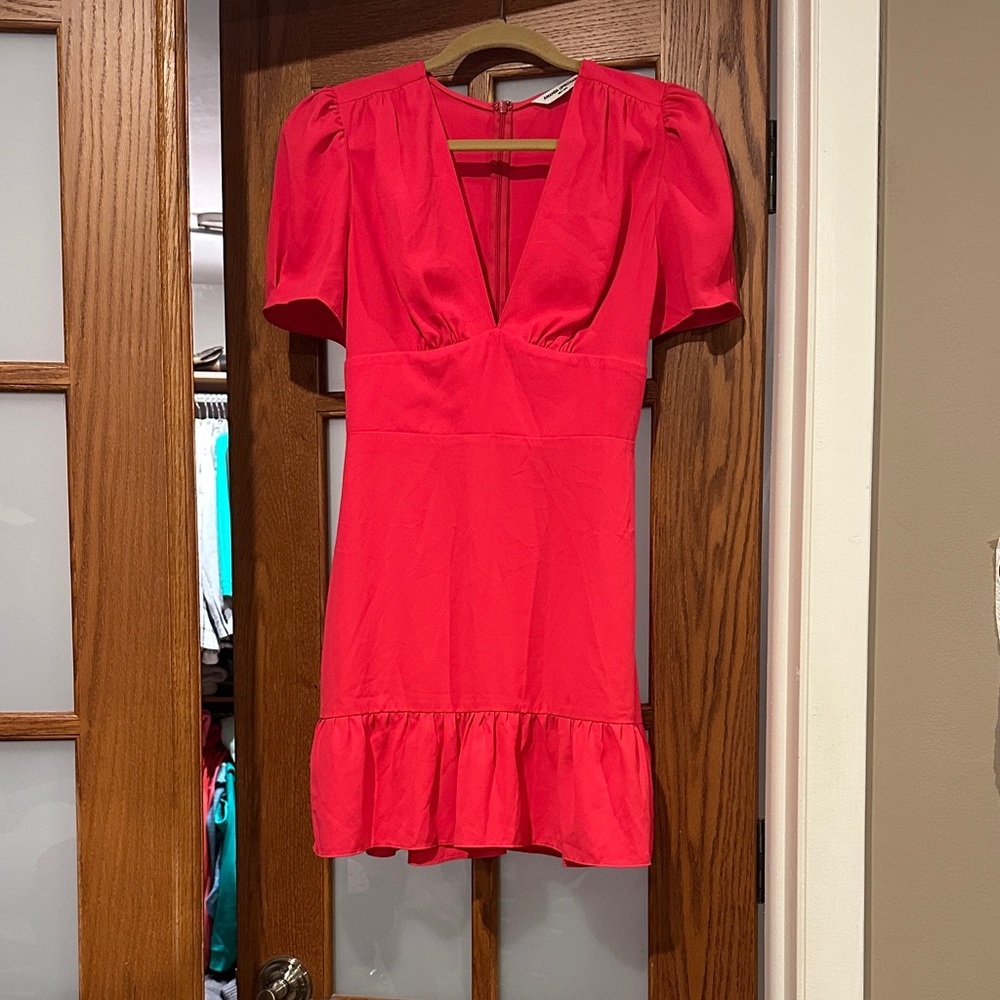 Amanda Uprichard Bright Pink V-Neck Puff Sleeve Mini Dress​